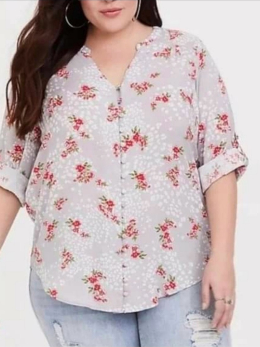 torrid Light Gray Floral Button-Front Blouse with Pink Accents